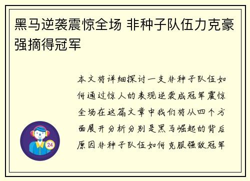 黑马逆袭震惊全场 非种子队伍力克豪强摘得冠军